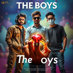 A cinematic funny magical poster titled 'The Boys' showcasing three modern 27-year-old Indian men with unique personalities and styles