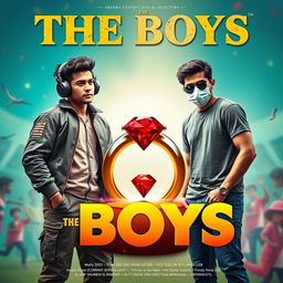 A cinematic funny magical poster titled 'The Boys' featuring three modern 27-year-old Indian men with unique styles and personalities