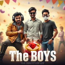 A cinematic funny magical poster titled 'The Boys' featuring three modern 27-year-old Indian men with unique styles and personalities