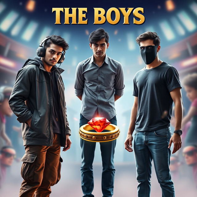 A cinematic funny magical poster titled 'The Boys' featuring three modern 27-year-old Indian men with unique styles and personalities