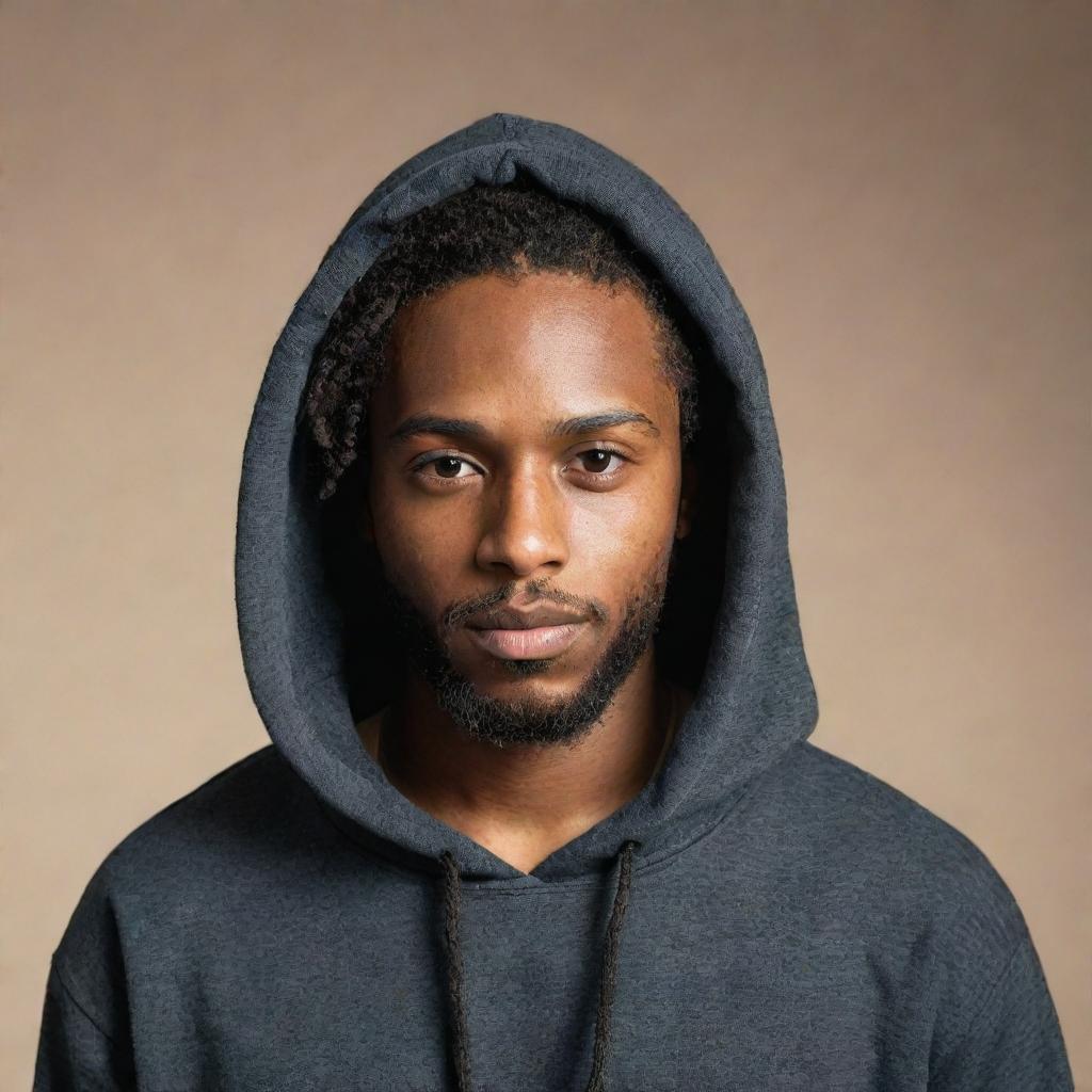 Generate an image of a handsome dark-skinned boy with a beard and dreadlocks. He's wearing a hooded shirt that has the name 'Jamine' emblazoned on the front.