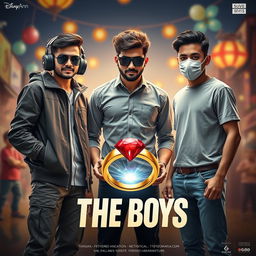 A cinematic funny magical poster titled 'The Boys' featuring three modern 27-year-old Indian men with unique styles and personalities