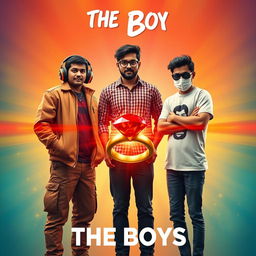 A cinematic funny magical poster titled 'The Boys' featuring three modern 27-year-old Indian men, each distinct in their style and personality