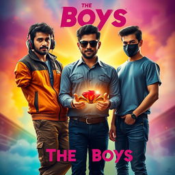 A cinematic funny magical poster titled 'The Boys' featuring three modern 27-year-old Indian men, each distinct in their style and personality