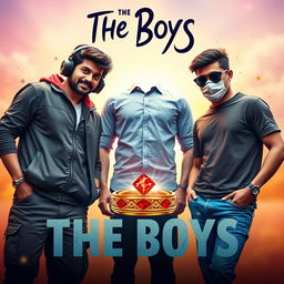 A cinematic funny magical poster titled 'The Boys' featuring three modern 27-year-old Indian men, each distinct in their style and personality