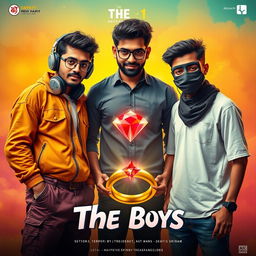 A cinematic funny magical poster titled 'The Boys' featuring three modern 27-year-old Indian men, each distinct in their style and personality