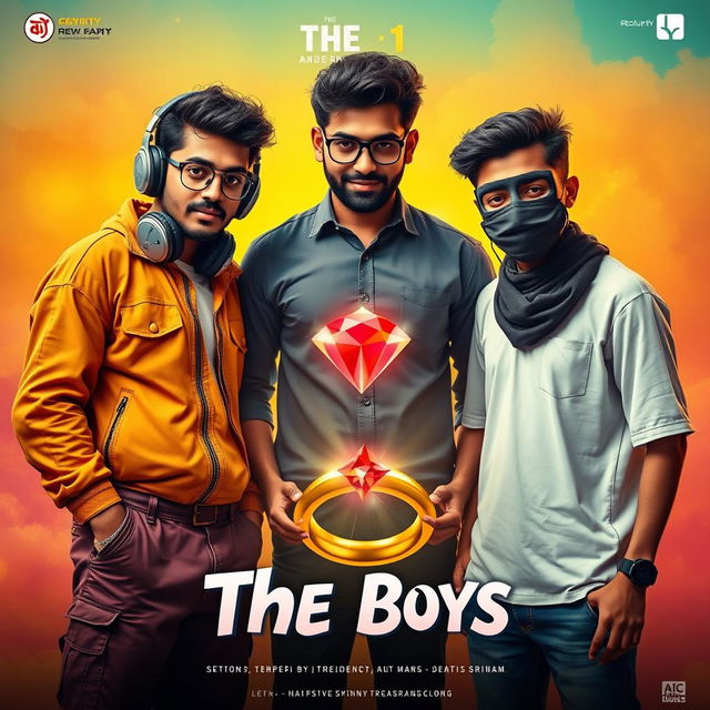 A cinematic funny magical poster titled 'The Boys' featuring three modern 27-year-old Indian men, each distinct in their style and personality