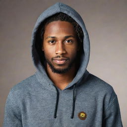 Generate an image of a handsome dark-skinned boy with a beard and dreadlocks. He's wearing a hooded shirt that has the name 'Jamine' emblazoned on the front.