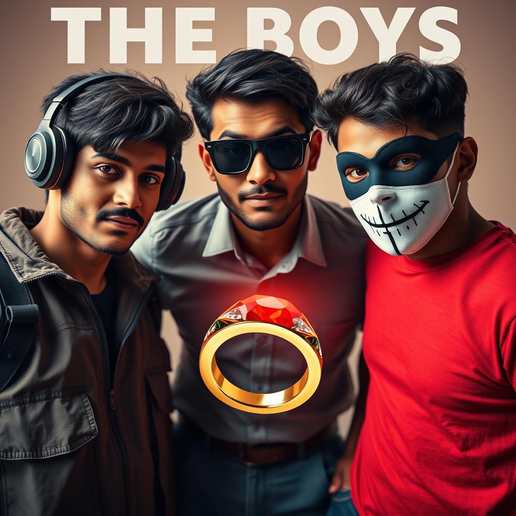 A cinematic funny magical close-up poster titled 'The Boys' featuring three modern 27-year-old Indian men, each with distinct personalities and styles