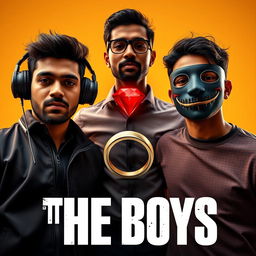 A cinematic funny magical close-up poster titled 'The Boys' featuring three modern 27-year-old Indian men, each with distinct personalities and styles