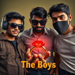 A cinematic funny magical close-up poster titled 'The Boys' featuring three modern 27-year-old Indian men, each with distinct personalities and styles