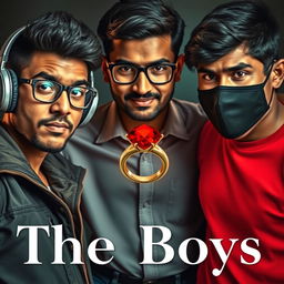 A cinematic funny magical close-up poster titled 'The Boys' featuring three modern 27-year-old Indian men, each with distinct personalities and styles