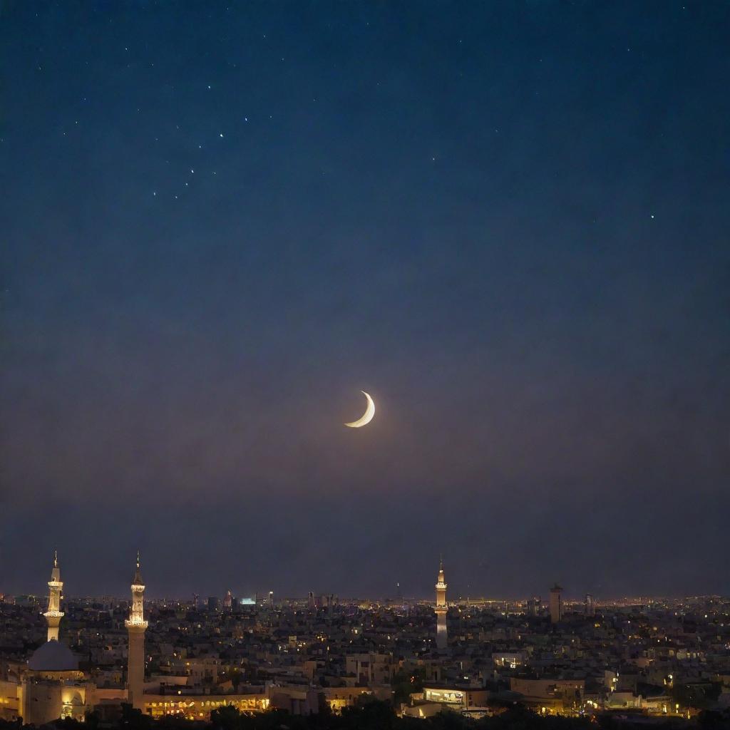 A serene and captivating Ramadan night sky, with a radiant crescent moon beautifully illuminating the darkness.