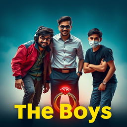 A cinematic funny magical close-up poster titled 'The Boys' featuring three modern 27-year-old Indian men, each showcasing vibrant personalities and styles