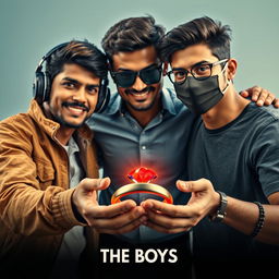A cinematic funny magical close-up poster titled 'The Boys' featuring three modern 27-year-old Indian men, each showcasing vibrant personalities and styles