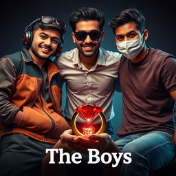 A cinematic funny magical close-up poster titled 'The Boys' featuring three modern 27-year-old Indian men, each showcasing vibrant personalities and styles