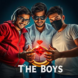 A cinematic funny magical close-up poster titled 'The Boys' featuring three modern 27-year-old Indian men, each showcasing vibrant personalities and styles