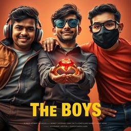 A cinematic funny magical close-up poster titled 'The Boys' featuring three modern 27-year-old Indian men, each with unique traits and styles