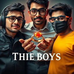 A cinematic funny magical close-up poster titled 'The Boys' featuring three modern 27-year-old Indian men, each with unique traits and styles