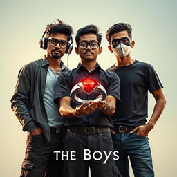 A cinematic funny magical close-up poster titled 'The Boys' featuring three modern 27-year-old Indian men, each with unique traits and styles