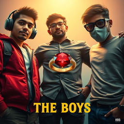 A cinematic funny magical close-up poster titled 'The Boys' featuring three modern 27-year-old Indian men, each with unique traits and styles