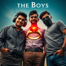 A cinematic funny magical close-up poster titled 'The Boys' showcasing three modern 27-year-old Indian men, each with unique traits and styles