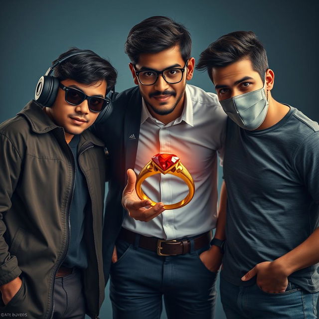 A cinematic funny magical close-up poster titled 'The Boys' showcasing three modern 27-year-old Indian men, each with unique traits and styles