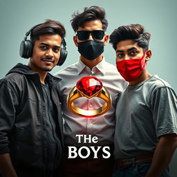 A cinematic funny magical close-up poster titled 'The Boys' showcasing three modern 27-year-old Indian men, each with unique traits and styles