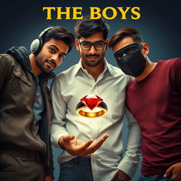 A cinematic funny magical close-up poster titled 'The Boys' showcasing three modern 27-year-old Indian men, each with unique traits and styles