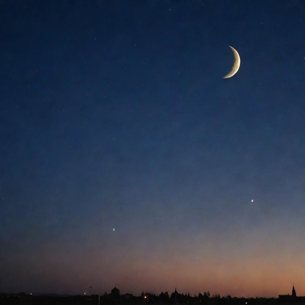 A serene and captivating Ramadan night sky, with a radiant crescent moon beautifully illuminating the darkness.