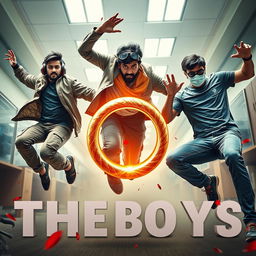 A cinematic funny close-up poster titled 'The Boys' featuring three modern 27-year-old Indian men in a thrilling scene where they are all trying to catch a magical small ring with a dazzling red diamond