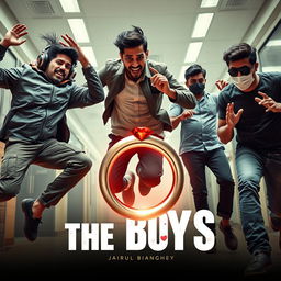 A cinematic funny close-up poster titled 'The Boys' featuring three modern 27-year-old Indian men in a thrilling scene where they are all trying to catch a magical small ring with a dazzling red diamond