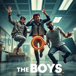 A cinematic funny close-up poster titled 'The Boys' featuring three modern 27-year-old Indian men in a thrilling scene where they are all trying to catch a magical small ring with a dazzling red diamond