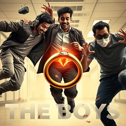 A cinematic funny close-up poster titled 'The Boys' featuring three modern 27-year-old Indian men in a thrilling scene where they are all trying to catch a magical small ring with a dazzling red diamond