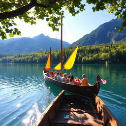 A long boat gracefully gliding across a serene lake surrounded by lush green forests and majestic mountains in the background