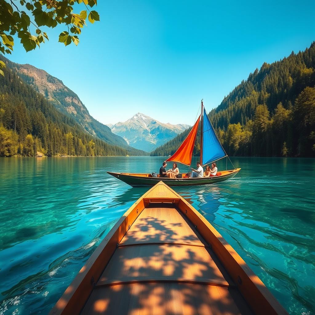 A long boat gracefully gliding across a serene lake surrounded by lush green forests and majestic mountains in the background