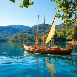 A long boat gracefully gliding across a serene lake surrounded by lush green forests and majestic mountains in the background