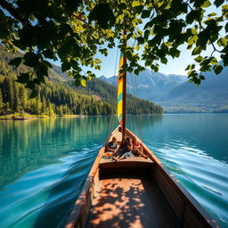 A long boat gracefully gliding across a serene lake surrounded by lush green forests and majestic mountains in the background