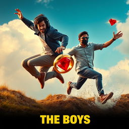 A cinematic funny close-up poster titled 'The Boys' featuring three modern 27-year-old Indian men in a series of thrilling and dangerous situations as they attempt to catch a small magical ring with a striking red diamond