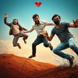 A cinematic funny close-up poster titled 'The Boys' featuring three modern 27-year-old Indian men in a series of thrilling and dangerous situations as they attempt to catch a small magical ring with a striking red diamond