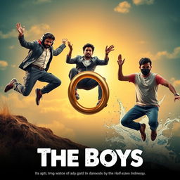 A cinematic funny close-up poster titled 'The Boys' featuring three modern 27-year-old Indian men in a series of thrilling and dangerous situations as they attempt to catch a small magical ring with a striking red diamond