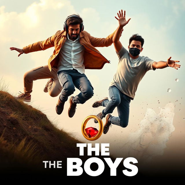 A cinematic funny close-up poster titled 'The Boys' featuring three modern 27-year-old Indian men in a series of thrilling and dangerous situations as they attempt to catch a small magical ring with a striking red diamond