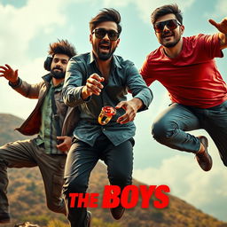 A cinematic funny close-up poster titled 'The Boys' featuring three modern 27-year-old Indian men caught in a series of thrilling and dangerous situations as they try to catch a small magical ring with a vibrant red diamond