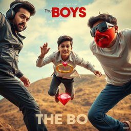 A cinematic funny close-up poster titled 'The Boys' featuring three modern 27-year-old Indian men caught in a series of thrilling and dangerous situations as they try to catch a small magical ring with a vibrant red diamond