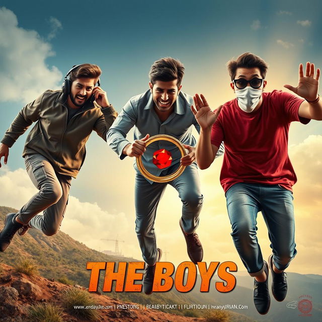 A cinematic funny close-up poster titled 'The Boys' featuring three modern 27-year-old Indian men caught in a series of thrilling and dangerous situations as they try to catch a small magical ring with a vibrant red diamond