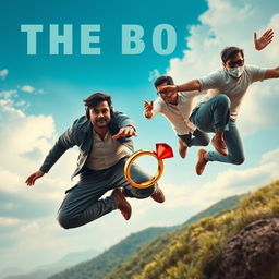 A cinematic funny close-up poster titled 'The Boys' featuring three modern 27-year-old Indian men caught in a series of thrilling and dangerous situations as they try to catch a small magical ring with a vibrant red diamond