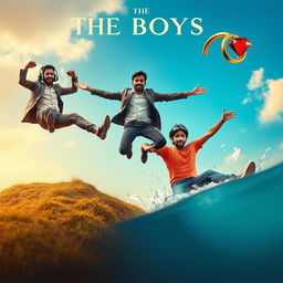 A cinematic funny close-up poster titled 'The Boys' featuring three modern 27-year-old Indian men in whimsical and adventurous situations as they attempt to catch a small magical ring adorned with a striking red diamond