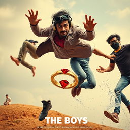 A cinematic funny close-up poster titled 'The Boys' featuring three modern 27-year-old Indian men in whimsical and adventurous situations as they attempt to catch a small magical ring adorned with a striking red diamond