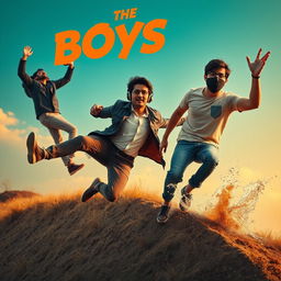 A cinematic funny close-up poster titled 'The Boys' featuring three modern 27-year-old Indian men in whimsical and adventurous situations as they attempt to catch a small magical ring adorned with a striking red diamond