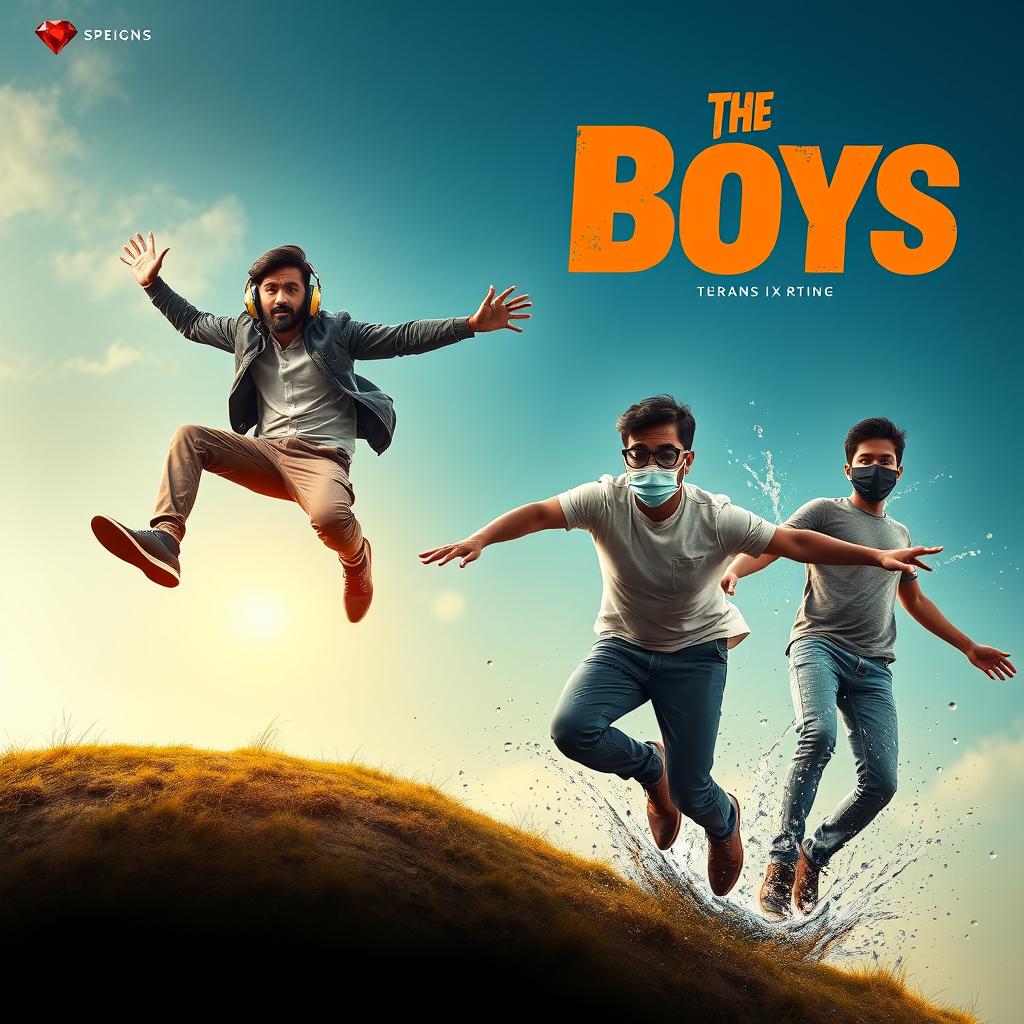 A cinematic funny close-up poster titled 'The Boys' featuring three modern 27-year-old Indian men in whimsical and adventurous situations as they attempt to catch a small magical ring adorned with a striking red diamond